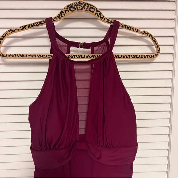 Tempt Me One Piece Swimsuit High Neck Plunge Mesh Ruched Monokini Large NWT - Picture 3 of 16